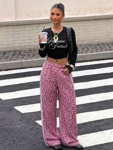 Celana Panjang Wanita Soltrb Hot Girl Hip Hop Motif Leopard Longgar - Berwarna merah muda - View 7