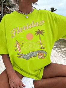 Florida Palm Tree Pattern T-Shirt -Women's Casual Vacation Short Sleeve T-Shirt, Round Neck Short Sleeve Top,Summer Outfits For Women - Summer Tops - 螢光綠 - 查看 1