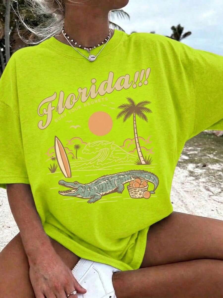 Florida Palm Tree Pattern T-Shirt -Women's Casual Vacation Short Sleeve T-Shirt, Round Neck Short Sleeve Top,Summer Outfits For Women - Summer Tops - 螢光綠 - 查看 1
