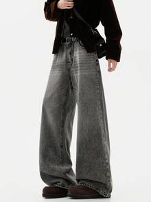Hearty Haven 1 potong Celana Jeans Denim Pria Model Longgar Gaya Vintage Retro Washed Wide Leg Serbaguna (Tanpa Sabuk dan Aksesoris) - Grey - View 8