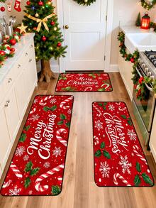 1/16pcs Christmas Decorative Floor Mat (40x60cm / 50x80cm / 40x120cm) Minimalist Style, Red Background With Candy Cane And Holly, Suitable For Christmas Winter Home Decor, Entryway Mat, Bathroom Kitchen Holiday Decoration - Multicolor - View 2