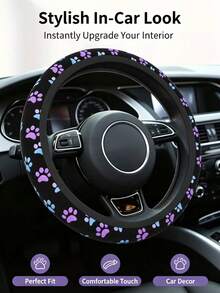 1pc Car Steering Wheel Cover, All-Season Cute Paw Print Design, 15 Inch Standard Size, No Inner Ring, Elastic Non-Slip Car Interior Decor Accessory - Paw Print Steering Wheel Cover - View 6