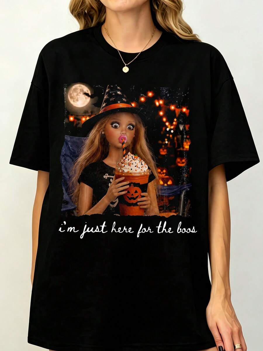 Halloweens Witchs Girl I'm Just Here For The Boos T-Shirt, Spooky Pumpkin Drink Graphic Tee Unisex Summer Autumn Gift - Black - View 1