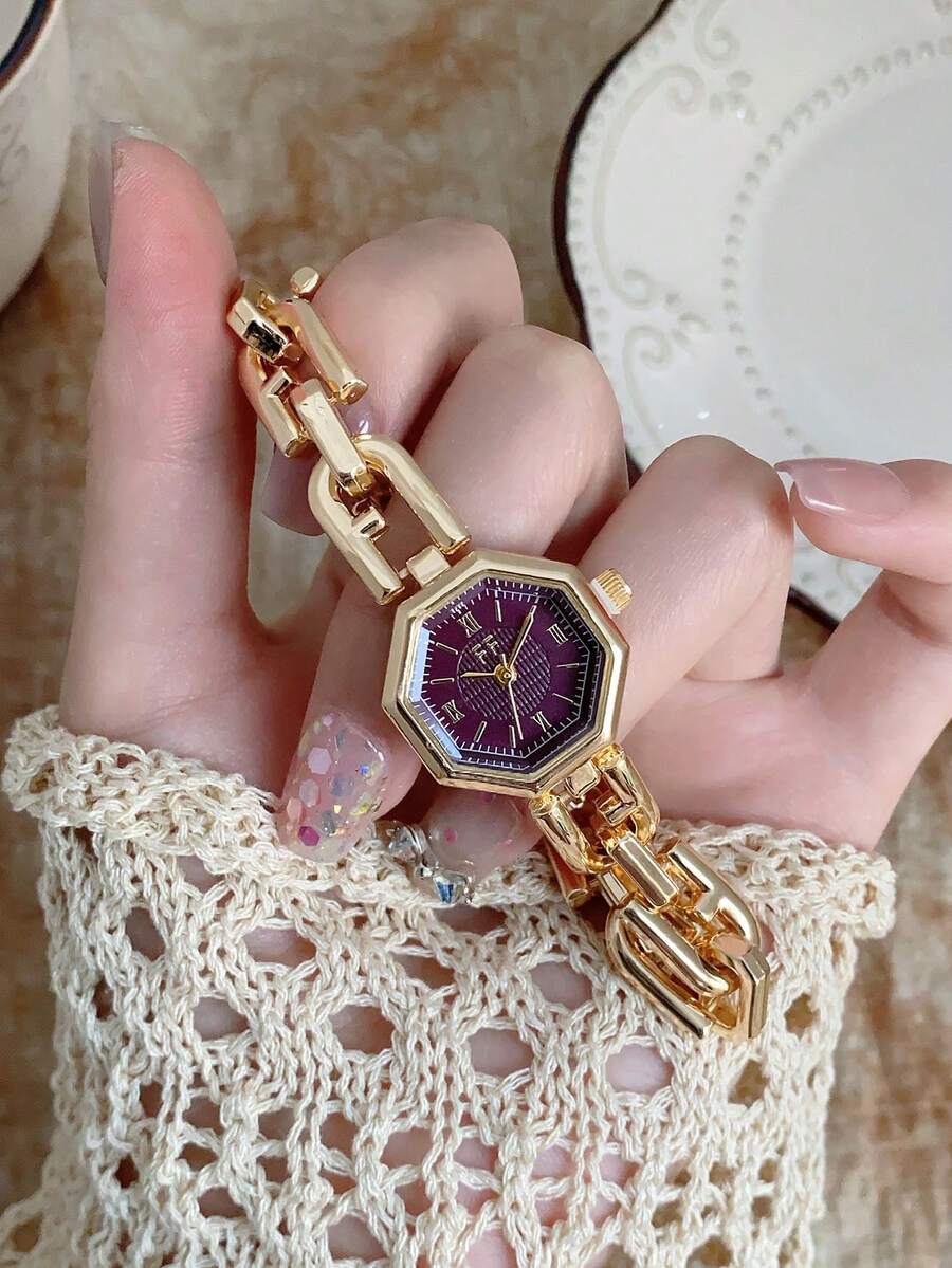 1件女款金色方形手鍊腕錶,精緻小巧時尚設計,適合日常配戴,生日/畢業禮物,休閒風格 - 金色 - 查看 1