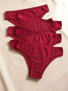 Set Of 5 Premium Cotton Thong Panties, Comfortable, Plain, Red - 紅色 - 查看 1