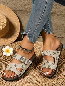 2026 New Minimalist Metal Decor One-Strap Flat Slide Sandals For Women, Summer Outdoor Wear, Soft Sole Slip-On Sandals, Versatile Open Toe Beach Slides For Home And Commuting - Beige - View 2
