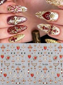 Vintage Baroque Metallic Cross Sacred Heart Nail Stickers, Embossed 3D Self-Adhesive Nail Decals With Shiny Gold Outline & Vivid Red Heart Cross Motifs, Perfect For Luxury Gothic Retro Manicure, Professional Salon Beginner DIY Nail Supplies - Multicolor - View 9
