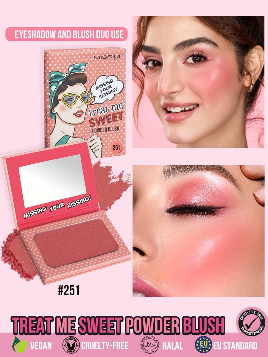 MISSLYN 1pc Treat Me Sweet Powder Blush, Silky Blendable With Mirror, Matte & Shimmer Radiant Glow Finish, Long-Lasting Pigmented Face Makeup, Lightweight Smooth Powder, Suitable For Party & Y2K Style, Brand Cosmetics