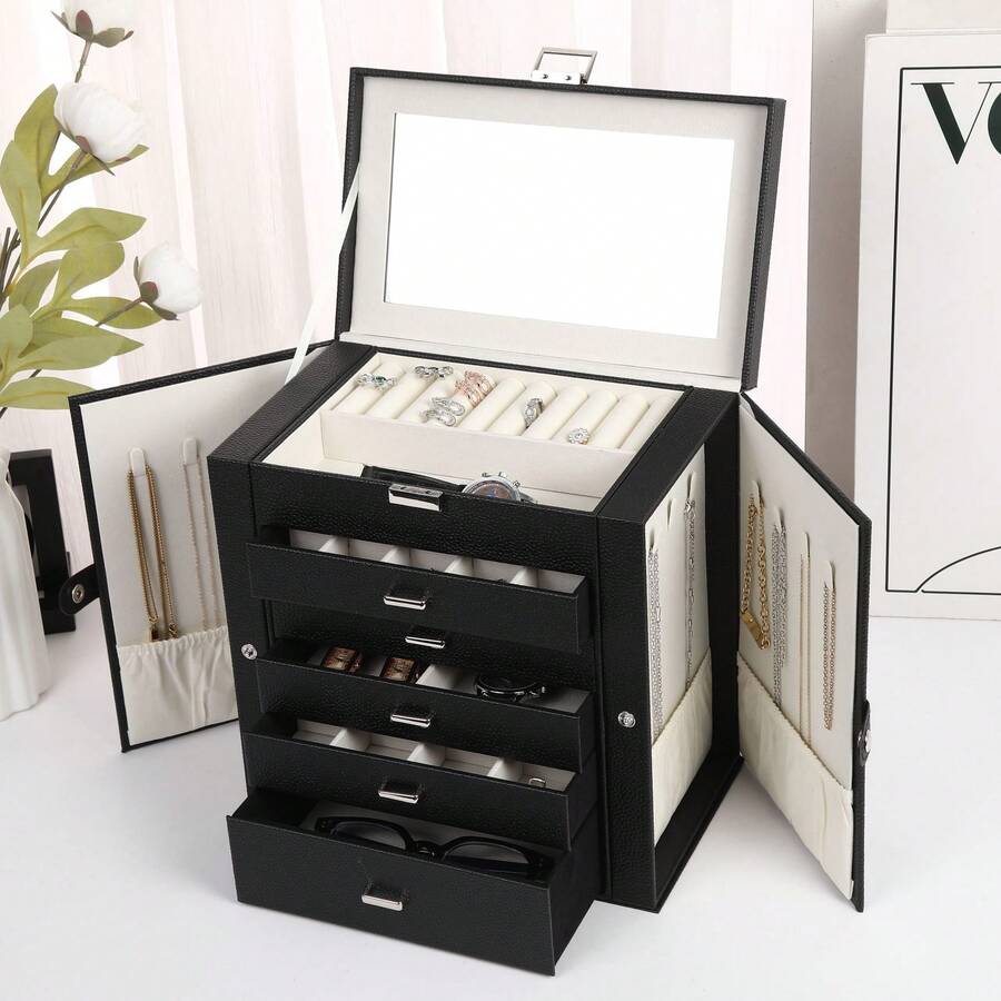 SONGMICS 6-Tier Jewelry Box With 5 Drawers, Large Capacity Storage, With Mirror, Lockable, Jewelry Organizer, Gift For Loved Ones, Can Store Earrings, Rings, Necklaces, Watches, White, Black, Grey ,Room Decor