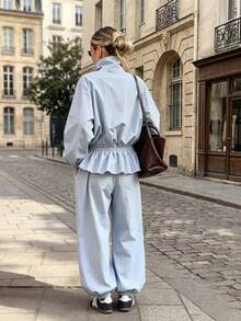 Fashion Women's Loose High Neck Button Pleated Detail Design Jacket And Tapered Leg Pants Two Pieces Set Elegant Fall - Light Wash - View 2