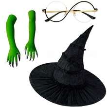 Halloween Evil Witch Costume Set, Witch Hat, Witch Glasses, Witch Gloves 3 Pieces Set - Monochrome - View 9