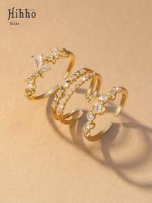 Hihho 3pcs/Set Cincin Berlian yang Dapat Dilepas dan Ditumpuk, Cincin Emas Indah Bentuk Kupu-kupu dan Gelembung Berpilin 3-in-1 - Set Cincin - View 2