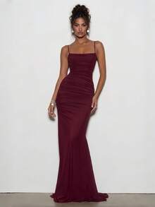 Elegant Sexy Pleated Backless Dress For Party, Evening Date, Anniversary, Graduation Party And Formal Dinner - Burgundy - View 3