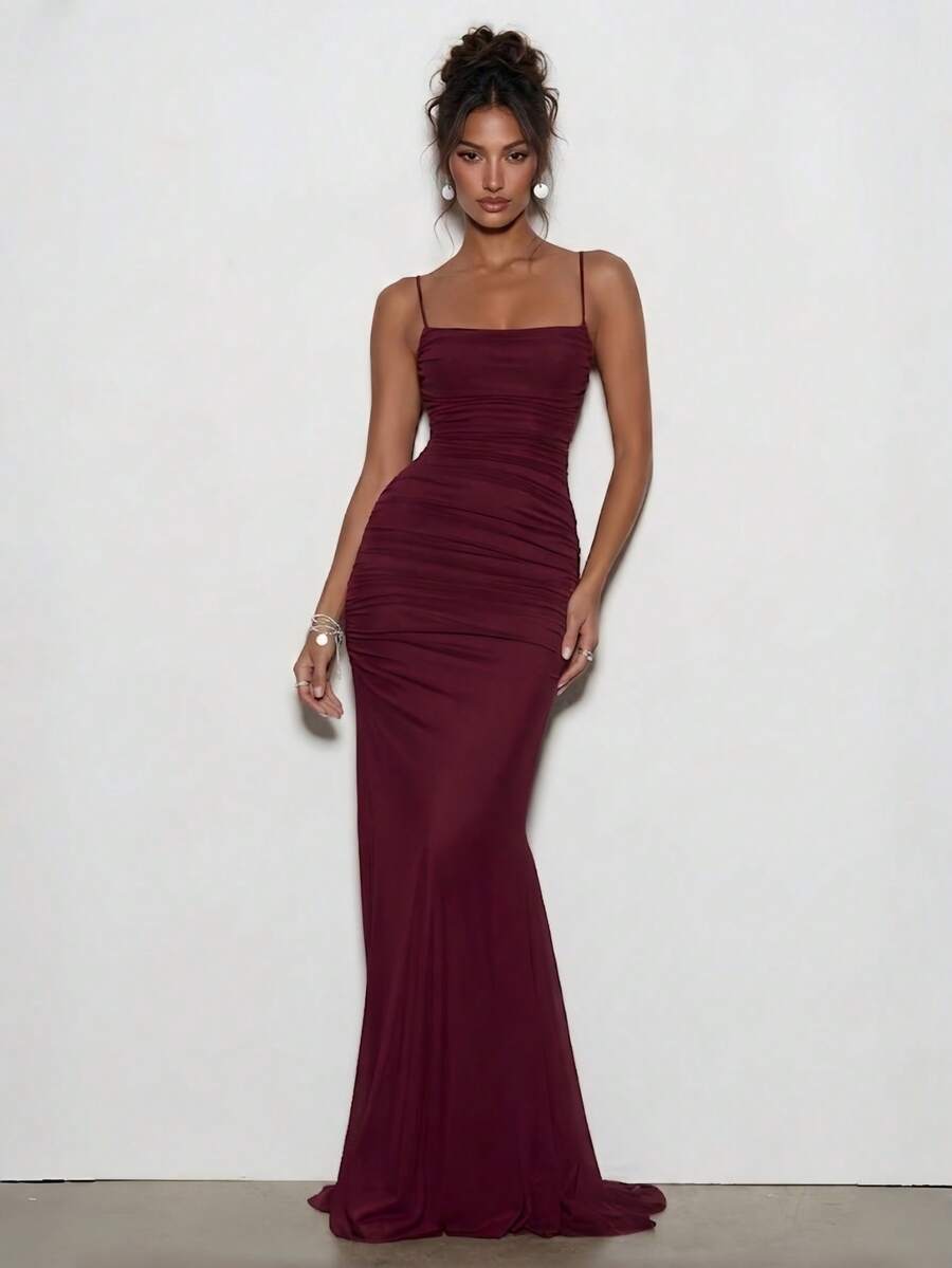 Elegant Sexy Pleated Backless Dress For Party, Evening Date, Anniversary, Graduation Party And Formal Dinner - Burgundy - View 1