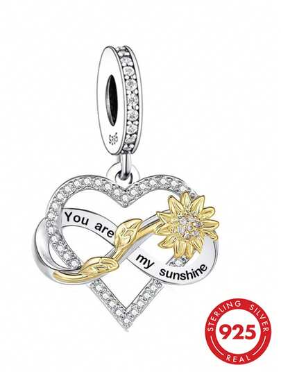 1pc S925 Sterling Silver Fully Pave Zirconia Two-Tone Hollow Heart Pendant With Gold-Plated Sunflower Engraved "You Are My Sunshine" Romantic Confession DIY Bracelet Large Hole Bead Accessory