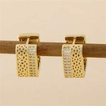 1 Pair Gold-Plated Double-Sided Earrings, Honeycomb Mesh & Double-Row Cubic Zirconia Square Clip-On Earrings, Elegant Daily Party Women's Jewelry - White - View 4