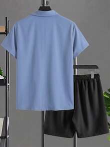 Conjunto de camisa y pantalones cortos de 2 piezas para hombre talla grande, manga corta, unicolor, lavable a máquina, talla grande - Multicolor - Ver 4