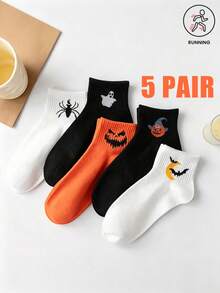 5 Pairs Halloween Mid-Calf Socks For Women, Cute Ghost Pumpkin Spider Bat Pattern Casual Socks, Versatile Role Play Short Socks - Multicolor - View 5