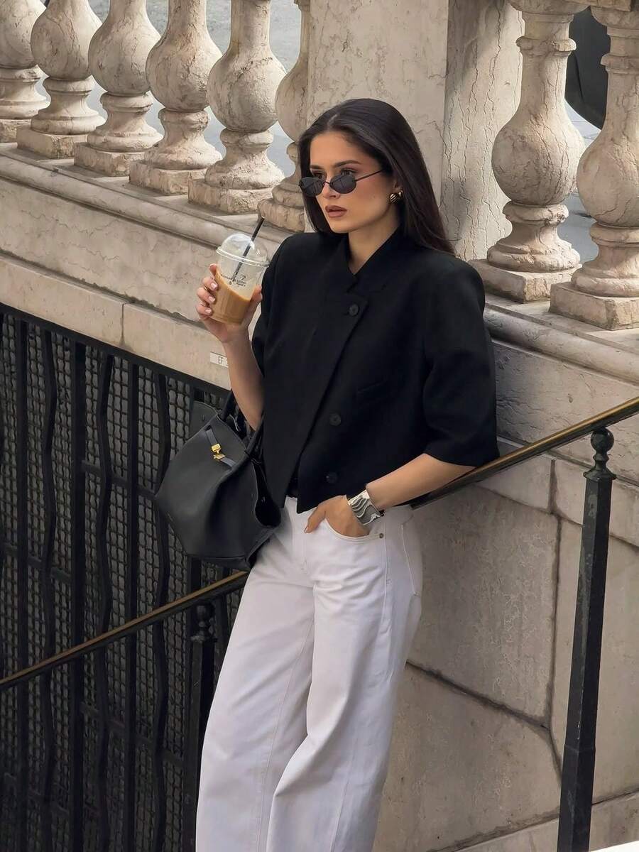 女款標準版短版西裝外套,短袖商務休閒西裝夾克,適合畢業典禮 - 黑色 - 查看 1