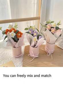 1pc Handmade Crochet Artificial Flower Bouquet, Includes Fabric And Knitted Artificial Flowers, With Paper Vase, 5 Crochet Flowers, Suitable For Mom, Friends, Teachers, Bedroom Home Decor, Halloween, Christmas, Anniversary, Birthday Gift - Multicolor - View 4