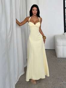 Women's Summer Yellow Spaghetti Strap Backless Elegant Dress For Holiday And Party - Yellow - View 2