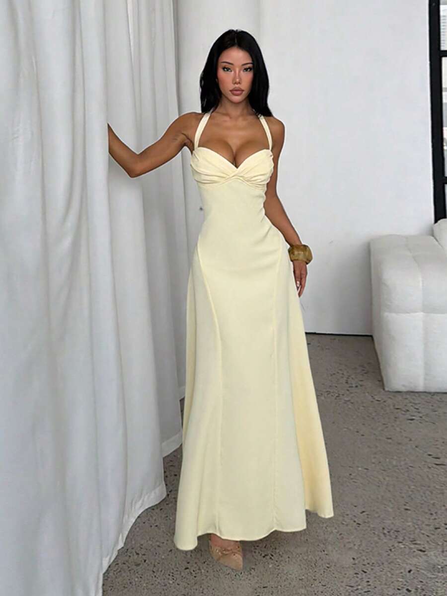 Women's Summer Yellow Spaghetti Strap Backless Elegant Dress For Holiday And Party