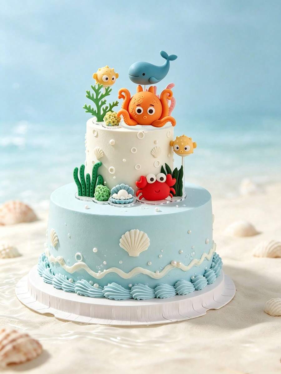 1套或1件海洋主題蛋糕裝飾,包含章魚、螃蟹、海藻、珊瑚、海星等,海洋海底主題生日蛋糕裝飾、洗禮、性別揭曉派對蛋糕裝飾(請搭配托盤與白色支架使用) - 彩色 - 查看 1