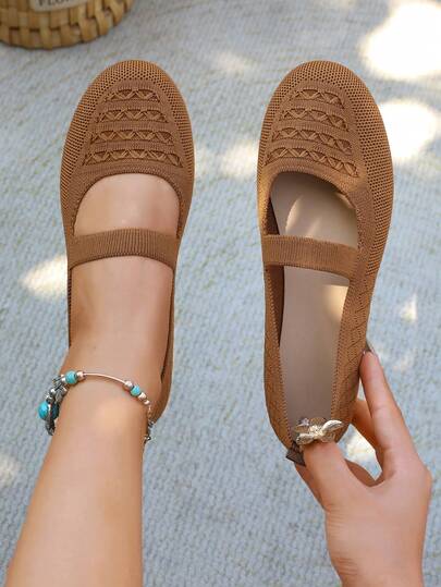 Girl's Knitted Mary Jane Shoes, Hollow Out Breathable Flat Shoes, Knitted Low-Vamp Shoes, Vintage Square Toe Slip-On Shoes, Summer Mesh Commuter Shoes, Elastic Versatile Flat Shoes, Camel Color Soft Style Shoes, Breathable Slip-On Girl's Shoes, Plateau Knitted Shoes