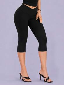 Women High Waisted Crossover Capri Yoga Leggings, Ruched Back Workout Gym Pants For Running Pilates Training Casual Activewear Sports - Black - View 8