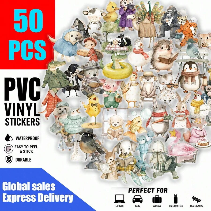50 Exquisite Watercolor Animals, Fun And Creative Hand Drawn DIY Stickers For Decorating Phone Cases, Laptops And Guitars - Multicolor - View 1