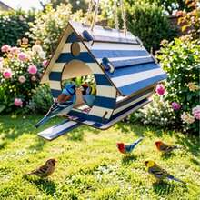 Multi-Style Wooden Hanging Birdhouse Set, Rustic Cottage Style Bird Nest With Rope Hook, Blue & White Stripes/Star Hollow/Red Brick/Pink Floral/Christmas Gift Pattern Birdhouse, Outdoor Garden Tree Porch Decor, Suitable As Gardening Gift For Bird Lovers - A - View 3