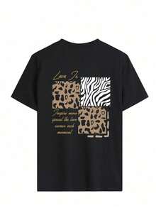 Women's Plus Size Casual Summer Round Neck T-Shirt With "Love" Graphic, Leopard And Zebra Print Black - Black - View 5