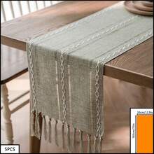 1pc Sage Green & White Woven Striped Table Runner, Rustic Country Style, Blended Material, Long Rectangular Shape With Tassel Edges And Woven Craftsmanship Details, Decorative Functional Table Runner For Daily Home Dining Table Arrangement And Fresh Natural Restaurant Decor Scenes - Green - View 12