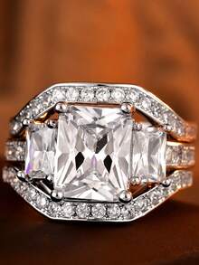 1pc Exquisite V-Shaped 4-Prong Rectangular Geometric Couple Ring For Women, Suitable For Valentine's Day, Engagement Gift, Party Jewelry - White - View 2