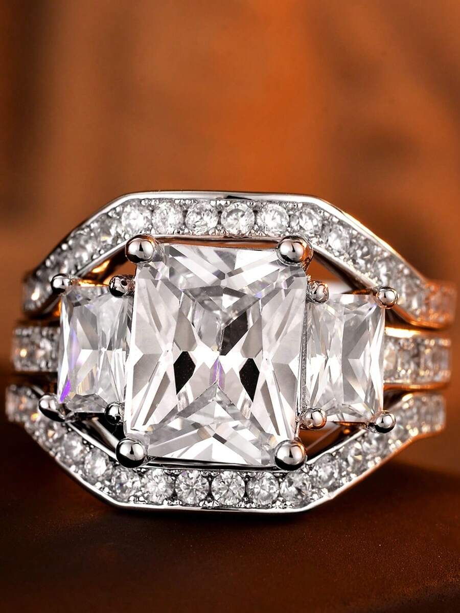 1pc Exquisite V-Shaped 4-Prong Rectangular Geometric Couple Ring For Women, Suitable For Valentine's Day, Engagement Gift, Party Jewelry - White - View 1