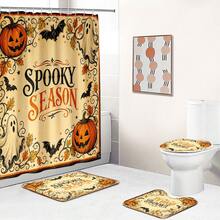 1pc/4pcs Halloween Vintage Beige Ghost Bat Pumpkin Multi-Function Bathroom Decor Shower Curtain Set, Free 12 Hooks, Premium Holiday Atmosphere, Bathroom Mat, U-Shaped Rug And Round Toilet Lid Cover, Suitable For All Scenes Decoration Bathroom Set - Pumpkin Ghost - View 7