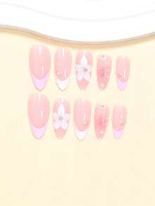 24pcs Almond Shape Classic Versatile Sweet Girl Style White Pink Striped Tie Dye Fake Nails Elegant 3D Glue-On Flower Pearl Silver Bead Press-On Nails Suitable For Women Wedding Date Daily Wear Independence Day Removable Press-On Nail Set With Jelly Glue And Nail File Jelly Glue Randomly Shipped - Multicolor - View 4