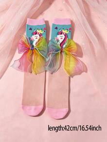1 Pair Girls Sweet Cute Rainbow Bow Decorated Calf Socks, Cartoon Pony Pattern Design Mid-Calf Socks, Suitable For Girls Spring Autumn Transition Seasons, Versatile Design Girls Student Socks - Multicolor - View 2