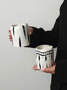 1pc Vintage Style Striped Hand-Painted Ceramic Hand-Held Coffee Cup, Juice Cold Drink Cup, Breakfast Milk Cup, Latte Coffee Cup, Afternoon Tea, Suitable For Home, Cafe, Photography, Valentine's Day Gift Pair, Mother's Day, Thanksgiving, Gift For Family And Friends - Multicolor - View 5