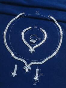 5pcs Bridal Rhinestone Jewelry Set, Silver Sparkly Necklace Earrings Bracelet & Ring For Bride Wedding Prom Party - Silver - View 4