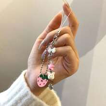 1pc Japanese Healing Strawberry Bunny Handmade Beaded Phone & Key Strap, 3D Bow Star Unique Sweet Accessory, Cute Small Gift For Girls & Best Friends On Birthday & Valentine's Day - Multicolor - View 4