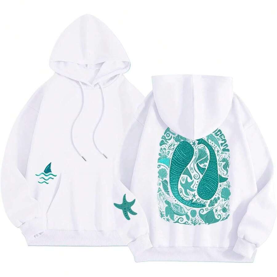 Whale Shark Hoodies For Teen Girls |   Ocean Graphic Preppy Sweatshirts Oversized Y2k Pullover Tops Long Sleeve Fall Outfits - #05 White - View 1