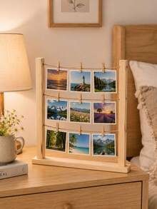1 Set Vintage Wooden Photo Rack With Clips, Perfect For Family Photos; Ideal For Bedroom Bedside Table Or Desktop Decorations To Store Family Memories. - Wood Color - View 5