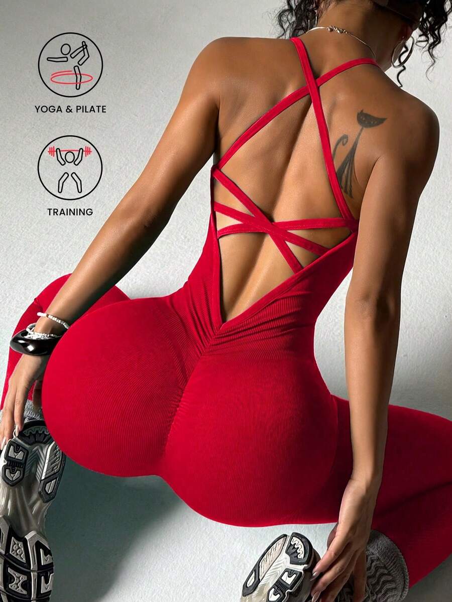 Women's Solid Color V-Cross Back Waist Minimalist Casual Jumpsuit Fitness Jumpsuit Set - Red - View 1