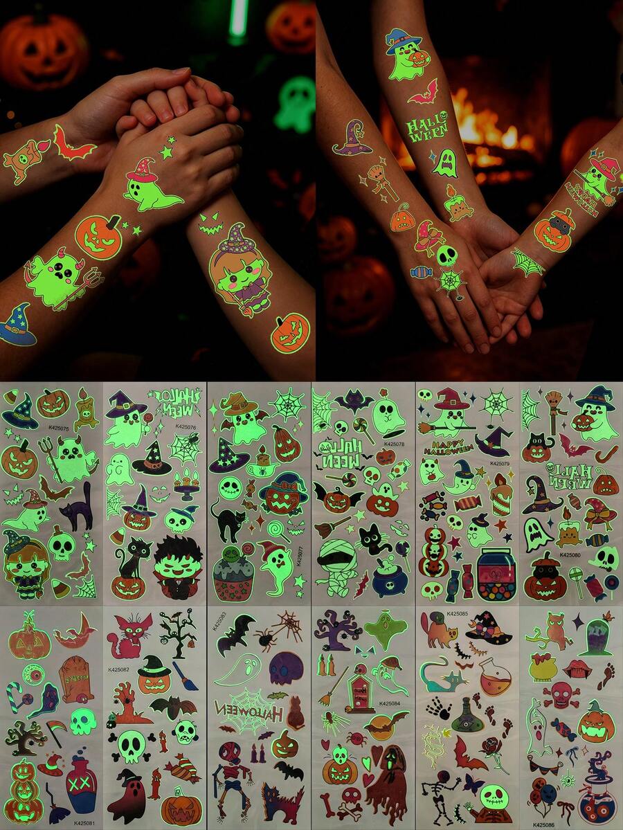 12pcs Halloween Glow-In-The-Dark Temporary Tattoo Stickers, Cute Cartoon & Scary Designs, Waterproof Face And Body Decals For Halloween Family Party, Cosplay, Face And Body Decoration