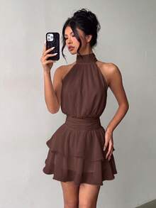 Elegant Fashion Halter Neck Backless Layered Ruffle Mini Dress - Wedding - Brown - View 3