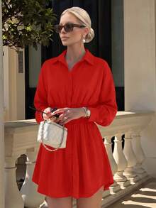 Women's Fashionable Solid Color Slim-Fit Lightweight Long Sleeve Ruched Waist Shirt Dress For Spring, Summer, Autumn, Commuting - Red - View 9