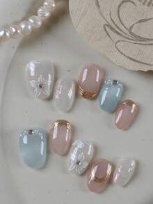 10pcs Press On Nails White Flower Blue Pink Golden Nails Press On Faux Ongles Handmade Press On Nails Supplies Fake Nails Short Office DailyWear False Nails Artificial Nails Kit Includes 1sheet Adhesive Tabs &1 Pc Mini File - Multicolor - View 1