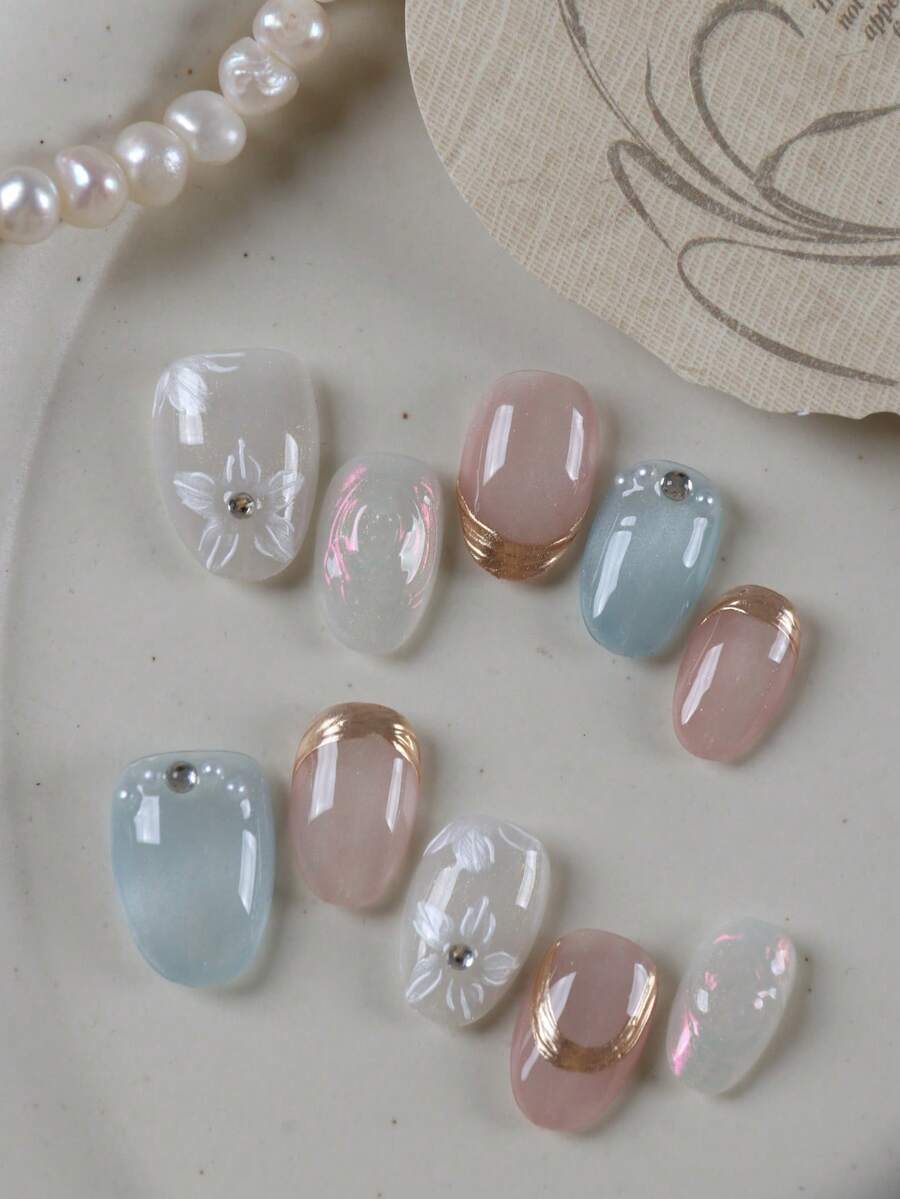 10pcs Press On Nails White Flower Blue Pink Golden Nails Press On Faux Ongles Handmade Press On Nails Supplies Fake Nails Short Office DailyWear False Nails Artificial Nails Kit Includes 1sheet Adhesive Tabs &1 Pc Mini File - Multicolor - View 1