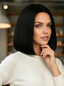 12 Inch Black Middle Part Women's Wig, High Temperature Synthetic Straight Hair, Elegant And Versatile, Natural Style, Suitable For Various Parties And Ball Gowns - Black - View 4